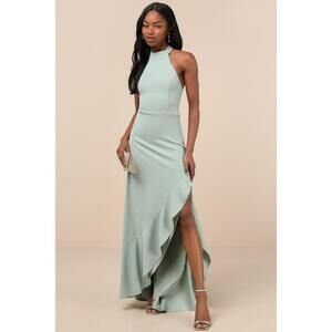 Lulus Majestic Perfection Sage Green Ruffled Halter Maxi Dress - Size XS